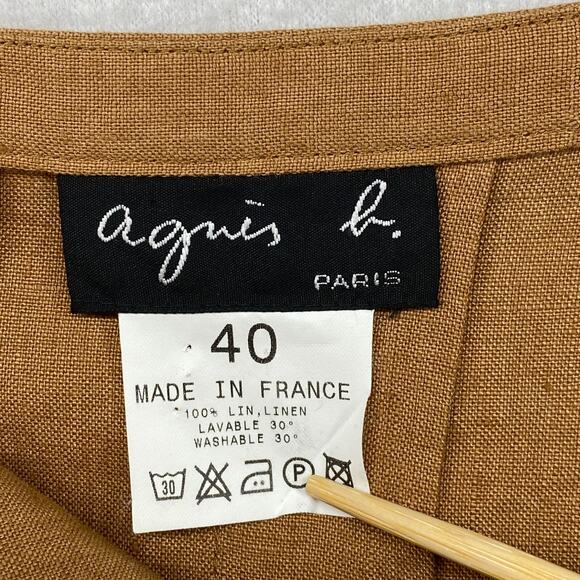 AGNES B Skirt 40 Linen Pleated Side Zip Button A-Linen Brown FRANCE - Picture 3 of 8